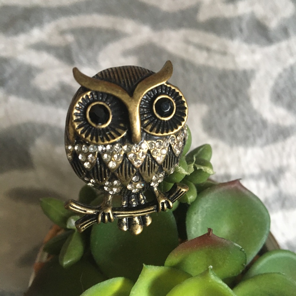 Owl crystal jewel stone vintage ring adjustable stretchy band